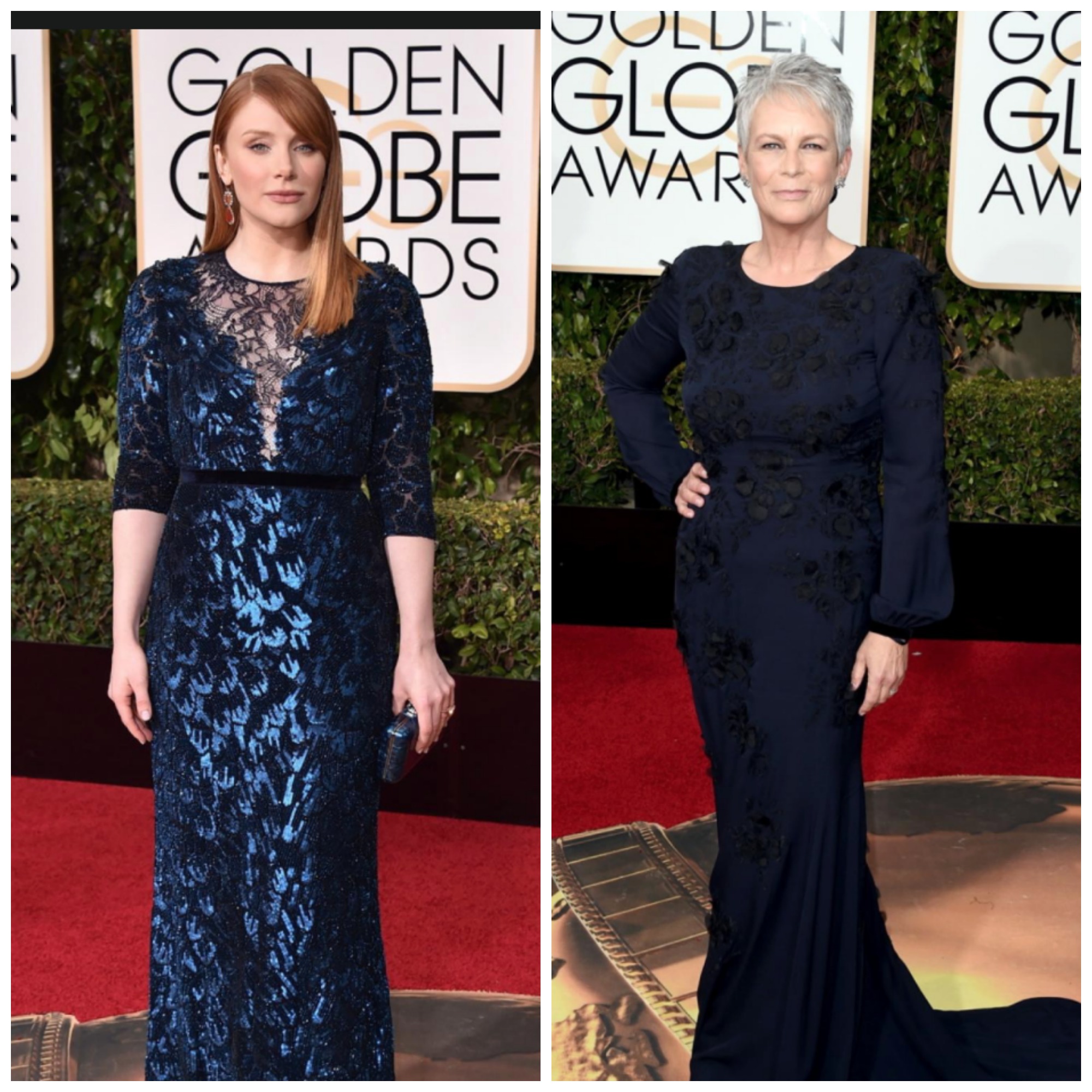 Golden Globes Red Carpet. Bryce Dallas Howard and Jamie Leigh Curtis